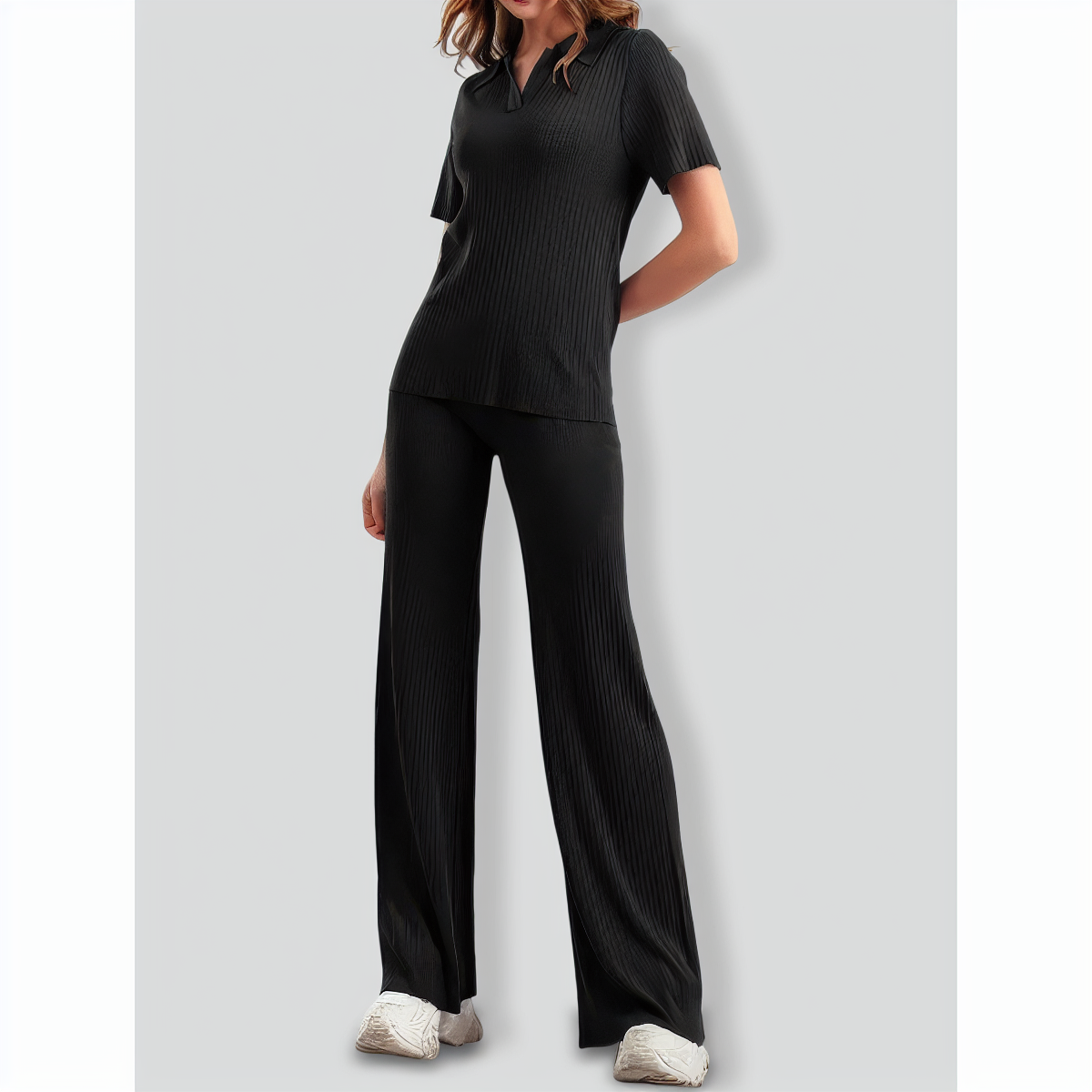 Polo Collar Short-sleeves Flared Pants Two-pieces Set