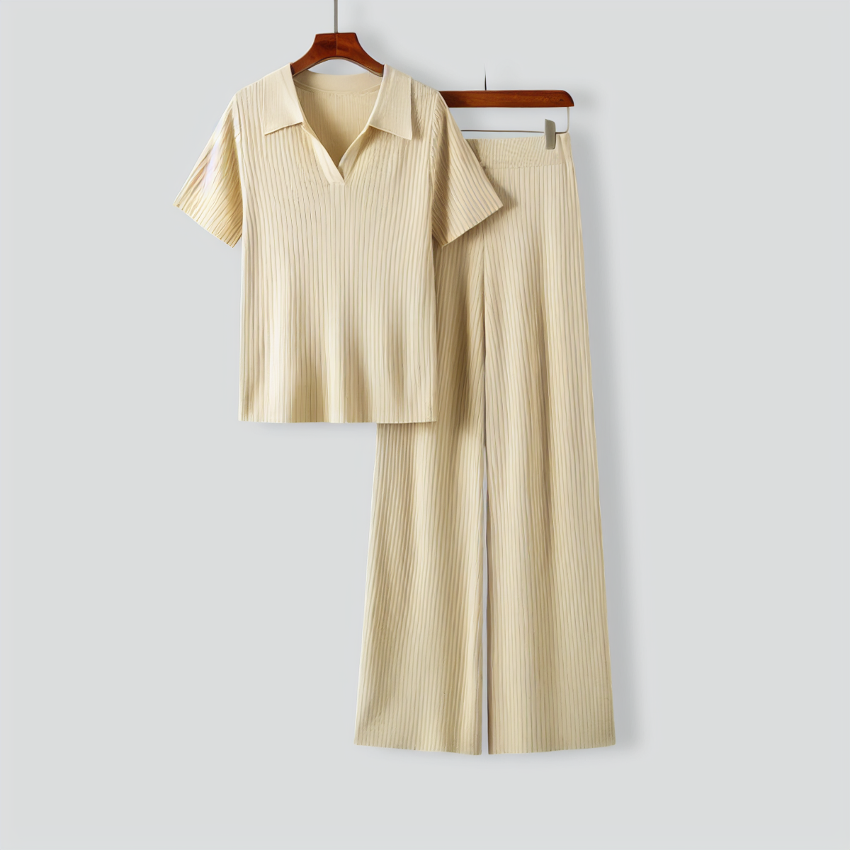 Polo Collar Short-sleeves Flared Pants Two-pieces Set