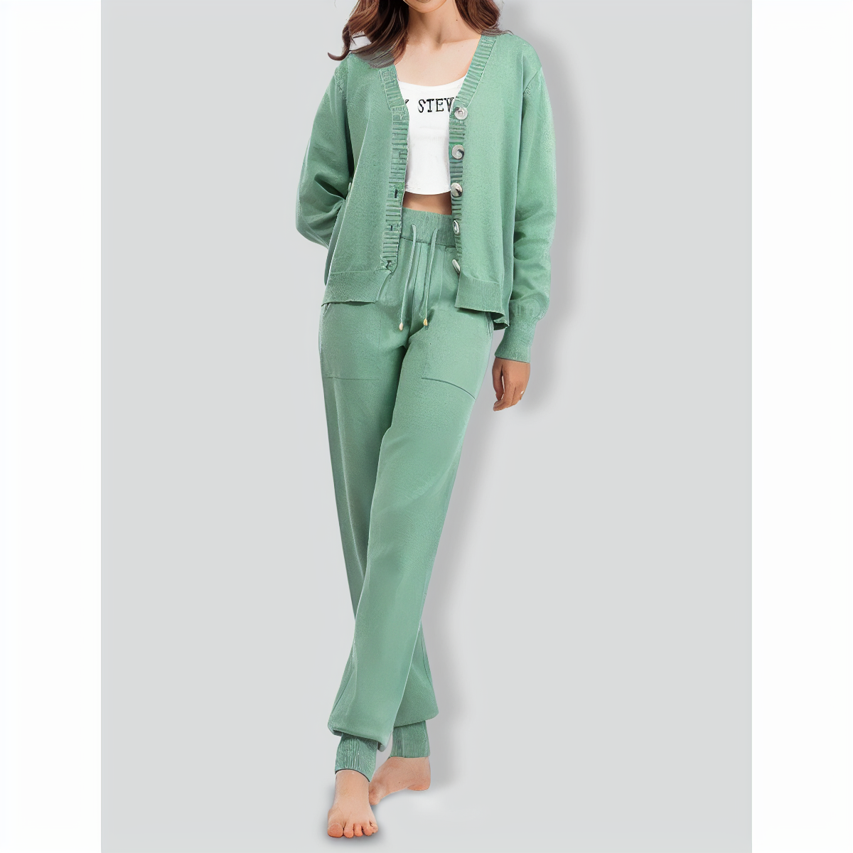 V-neck Cardigan Sweater Pants Two-pieces Set