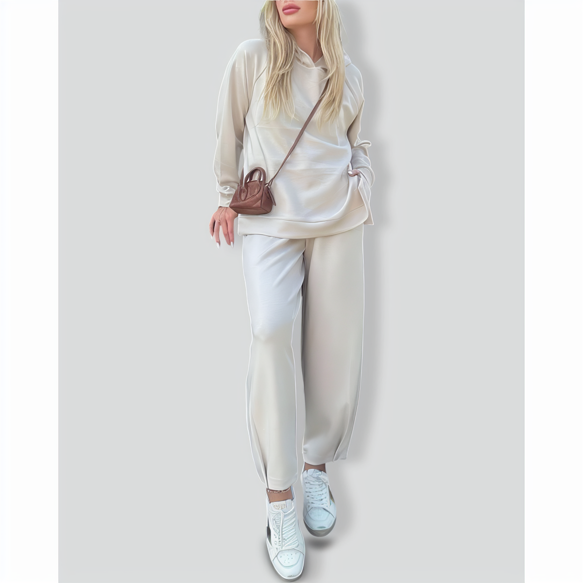 Hooded raglan sleeves and ankle-length trousers two-piece set