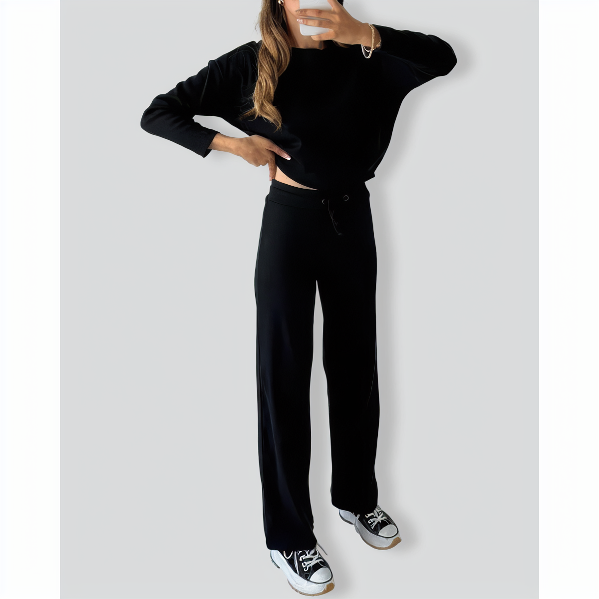 Threaded Crew Neck Drawstring Two-Piece Set