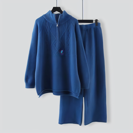 Stand Collar Knitted Sweater Wide Leg Pants Two Piece Set