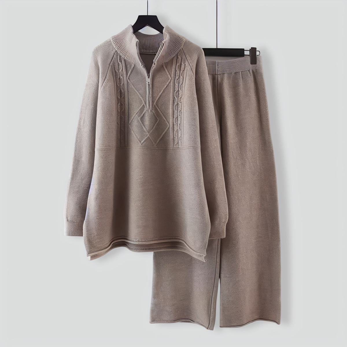 Stand Collar Knitted Sweater Wide Leg Pants Two Piece Set