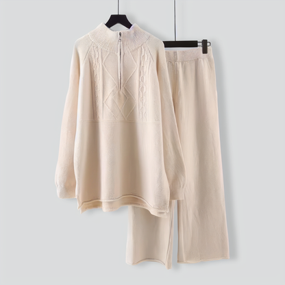 Stand Collar Knitted Sweater Wide Leg Pants Two Piece Set