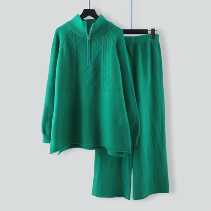 Stand Collar Knitted Sweater Wide Leg Pants Two Piece Set