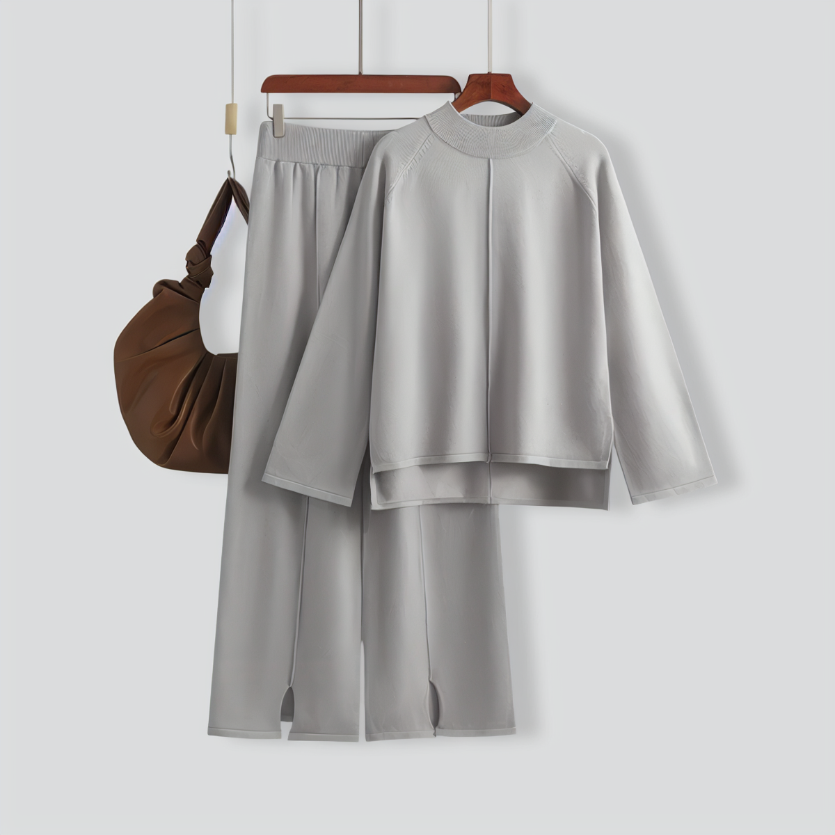 Solid Color Slit Sweater Wide-Leg Trousers Two-Piece Set