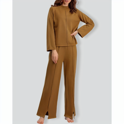 Solid Color Slit Sweater Wide-Leg Trousers Two-Piece Set