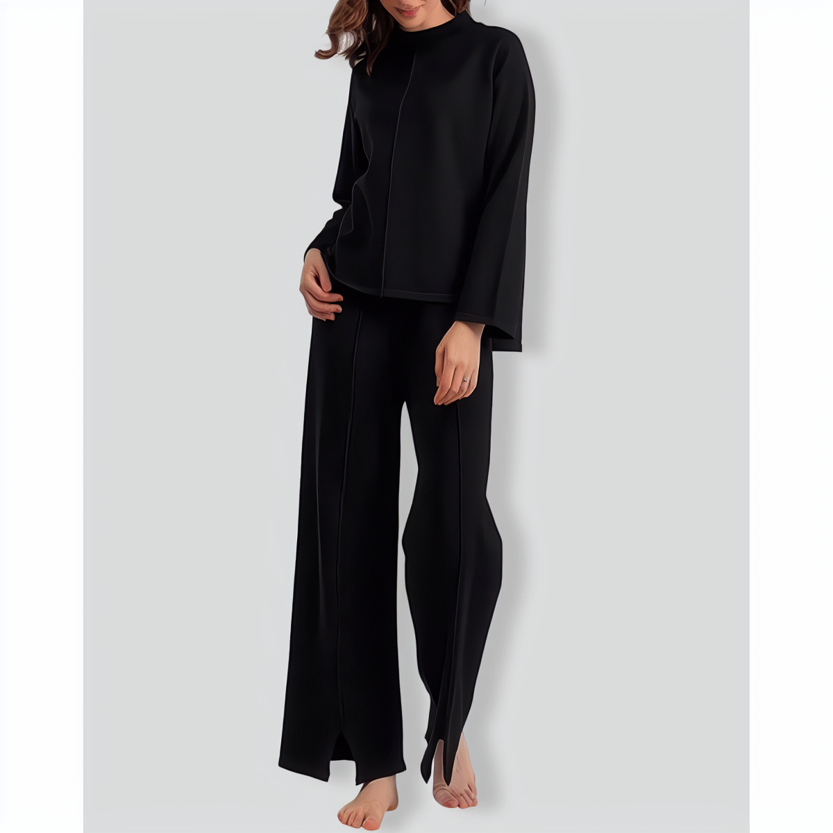 Solid Color Slit Sweater Wide-Leg Trousers Two-Piece Set