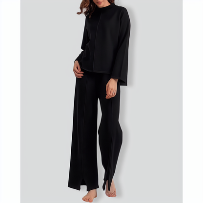 Solid Color Slit Sweater Wide-Leg Trousers Two-Piece Set