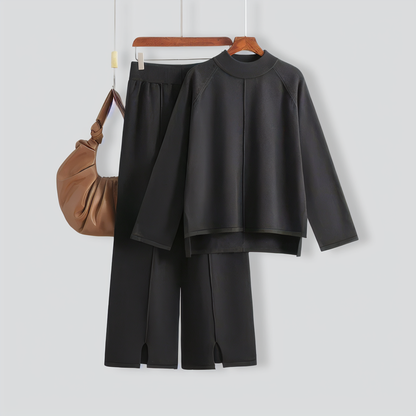 Solid Color Slit Sweater Wide-Leg Trousers Two-Piece Set