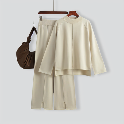 Solid Color Slit Sweater Wide-Leg Trousers Two-Piece Set