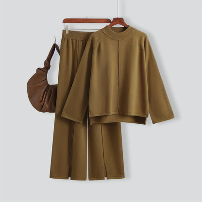 Solid Color Slit Sweater Wide-Leg Trousers Two-Piece Set