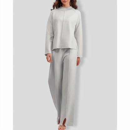 Solid Color Slit Sweater Wide-Leg Trousers Two-Piece Set