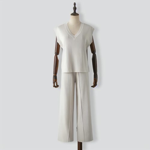 V-Neck Sleeveless Knitted Vest Top + Slit Wide-Leg Pants Two-Piece Set