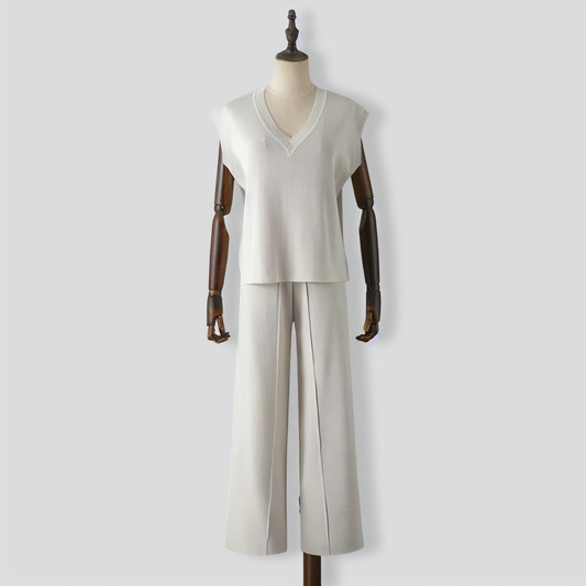 V-Neck Sleeveless Knitted Vest Top + Slit Wide-Leg Pants Two-Piece Set