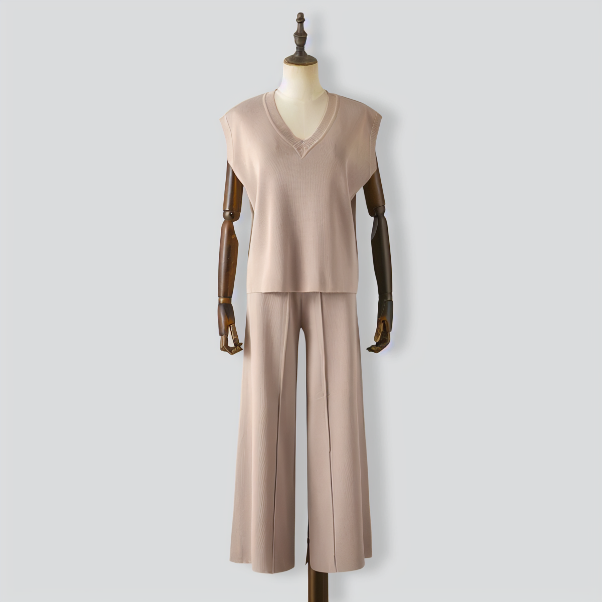 V-Neck Sleeveless Knitted Vest Top + Slit Wide-Leg Pants Two-Piece Set