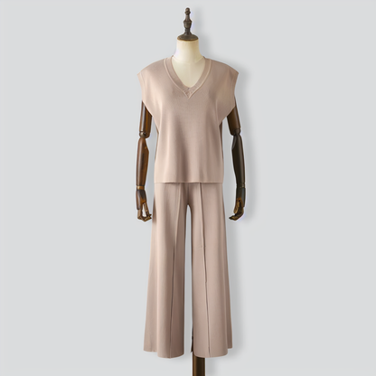 V-Neck Sleeveless Knitted Vest Top + Slit Wide-Leg Pants Two-Piece Set