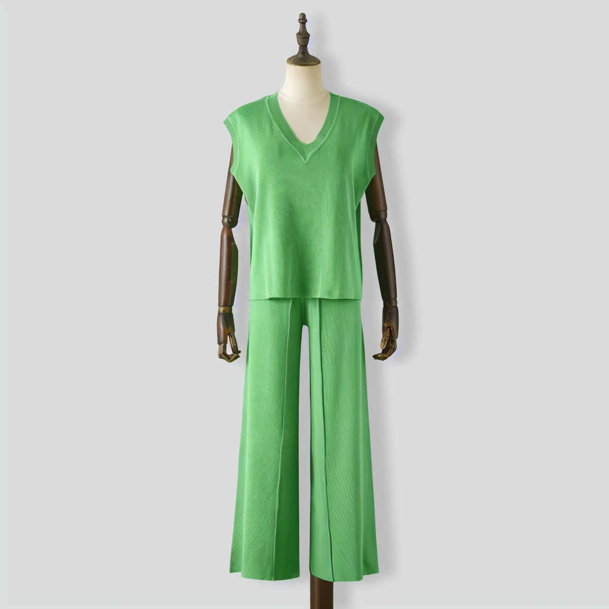 V-Neck Sleeveless Knitted Vest Top + Slit Wide-Leg Pants Two-Piece Set