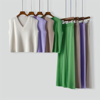 V-Neck Sleeveless Knitted Vest Top + Slit Wide-Leg Pants Two-Piece Set