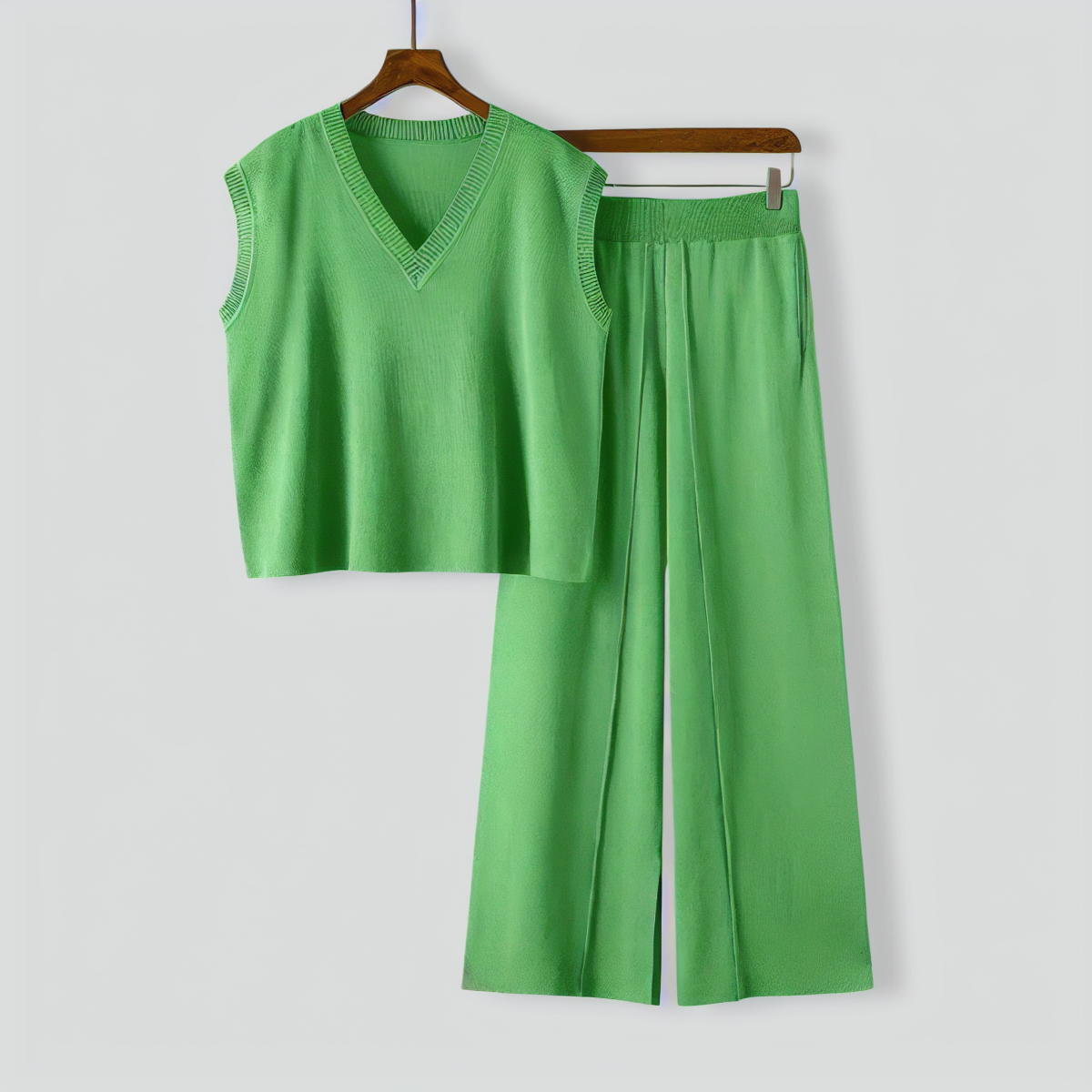 V-Neck Sleeveless Knitted Vest Top + Slit Wide-Leg Pants Two-Piece Set