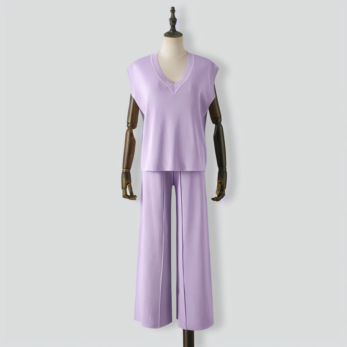 V-Neck Sleeveless Knitted Vest Top + Slit Wide-Leg Pants Two-Piece Set