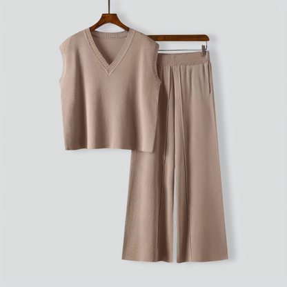 V-Neck Sleeveless Knitted Vest Top + Slit Wide-Leg Pants Two-Piece Set