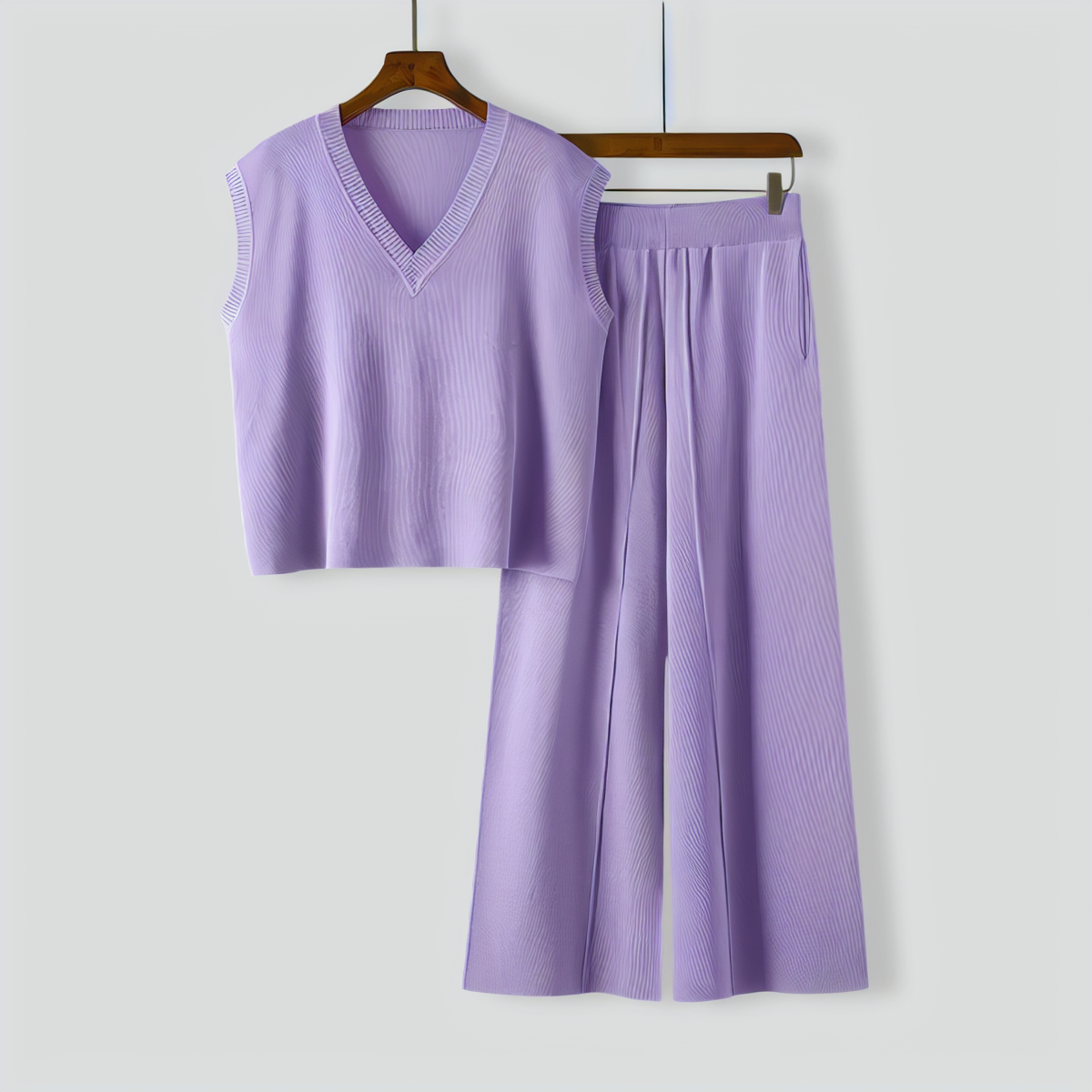 V-Neck Sleeveless Knitted Vest Top + Slit Wide-Leg Pants Two-Piece Set