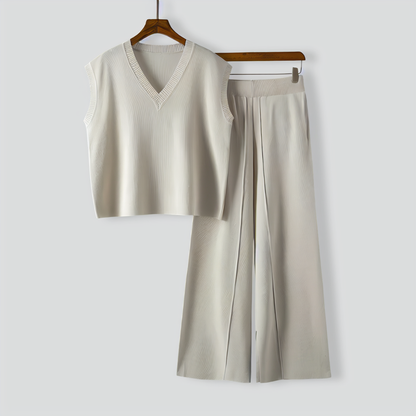 V-Neck Sleeveless Knitted Vest Top + Slit Wide-Leg Pants Two-Piece Set