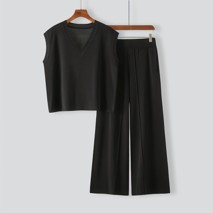 V-Neck Sleeveless Knitted Vest Top + Slit Wide-Leg Pants Two-Piece Set