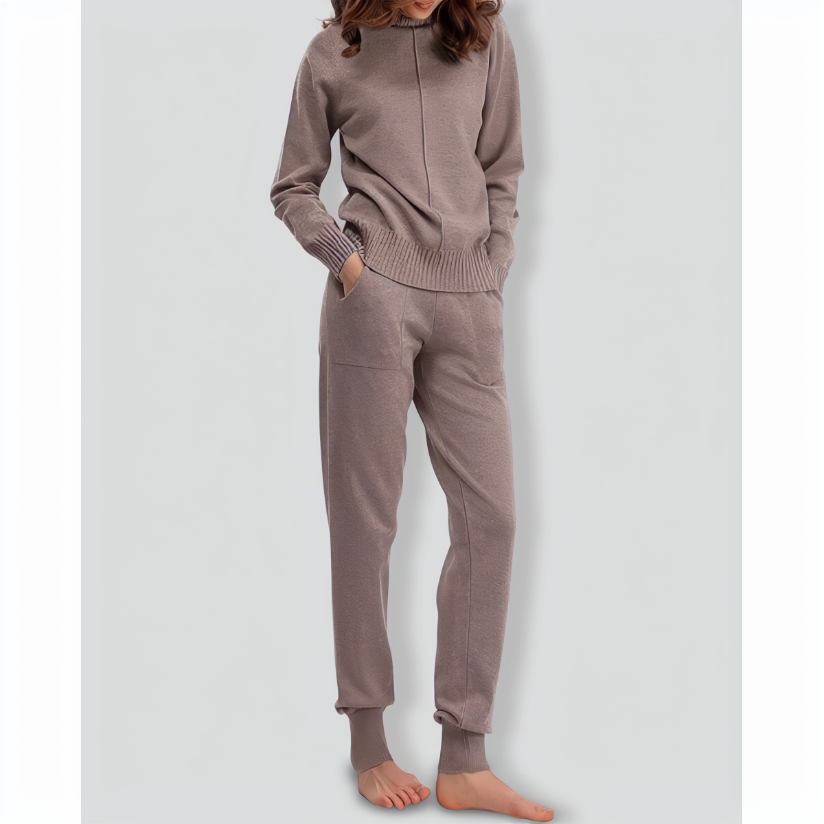 Turtleneck solid color sweater knitted two-piece set