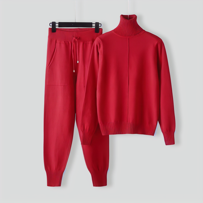 Turtleneck solid color sweater knitted two-piece set