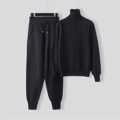 Turtleneck solid color sweater knitted two-piece set