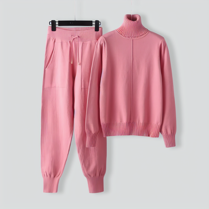 Turtleneck solid color sweater knitted two-piece set