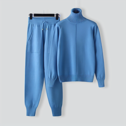 Turtleneck solid color sweater knitted two-piece set