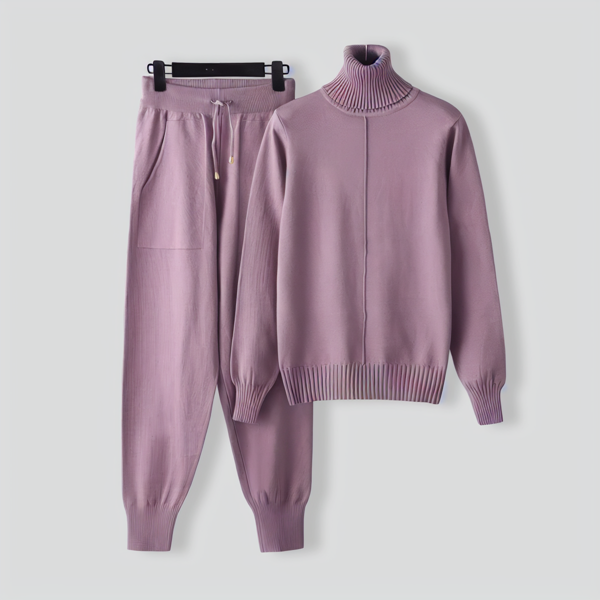 Turtleneck solid color sweater knitted two-piece set