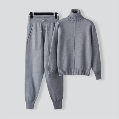 Turtleneck solid color sweater knitted two-piece set