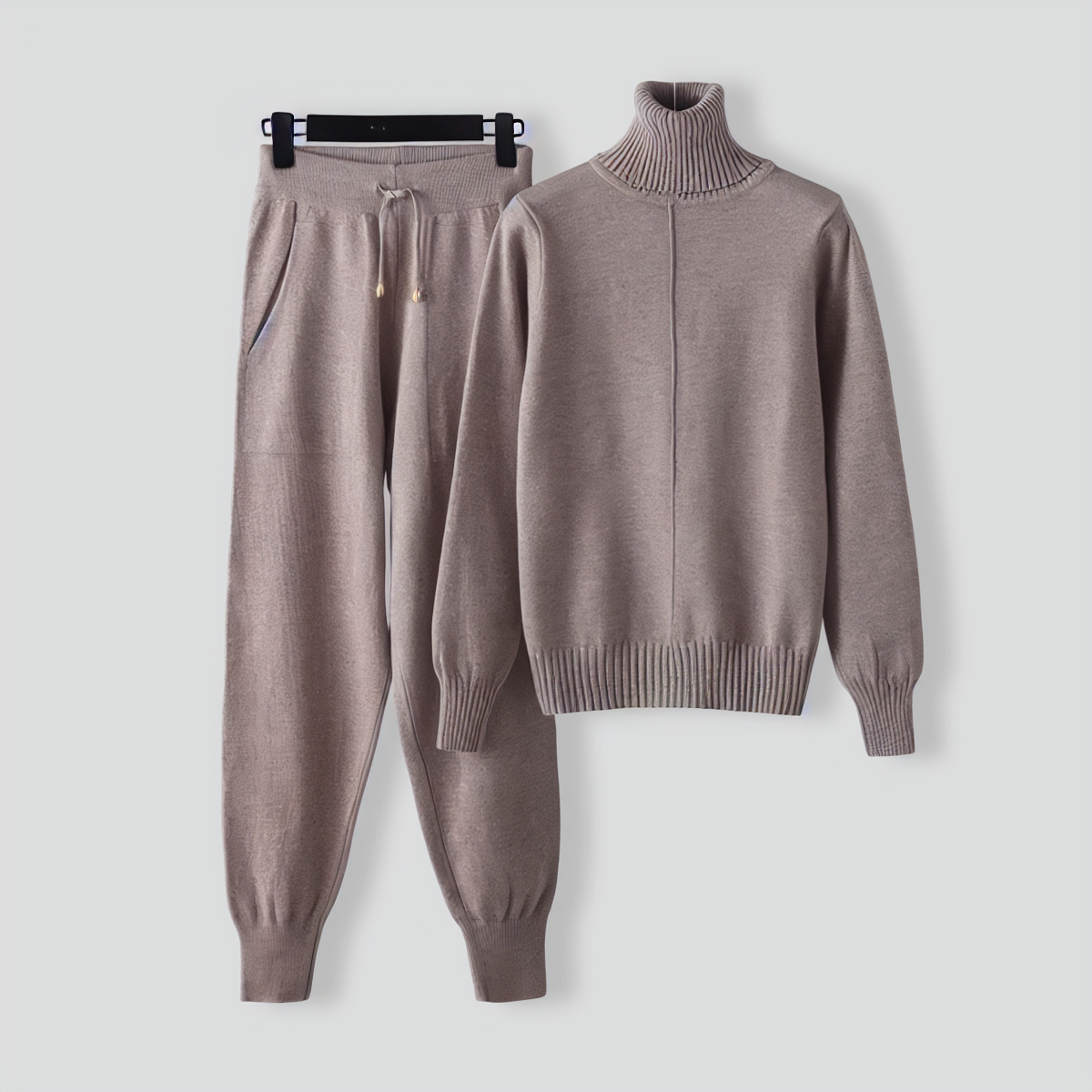 Turtleneck solid color sweater knitted two-piece set