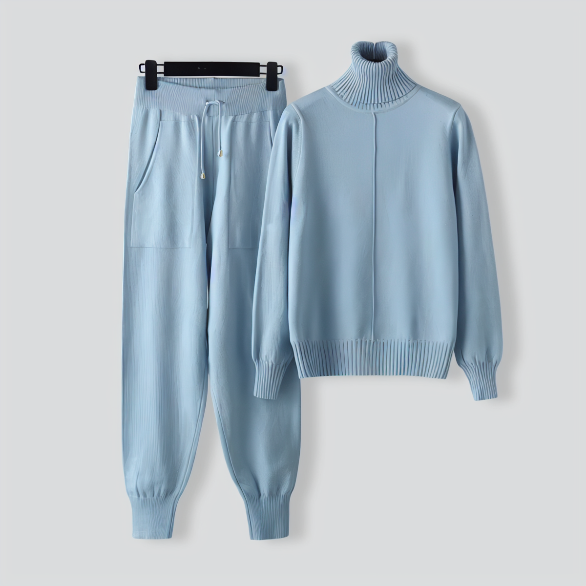 Turtleneck solid color sweater knitted two-piece set