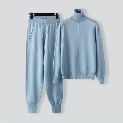 Turtleneck solid color sweater knitted two-piece set