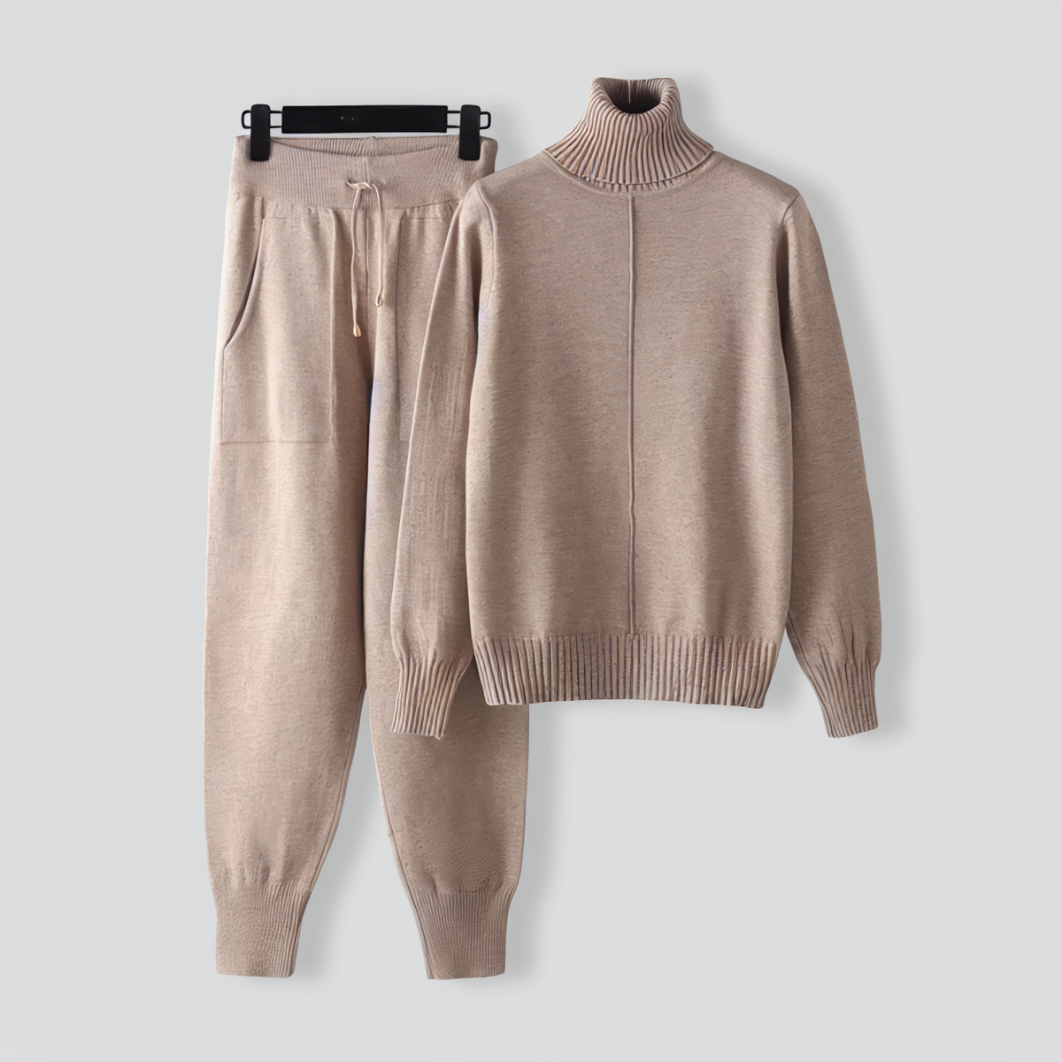 Turtleneck solid color sweater knitted two-piece set