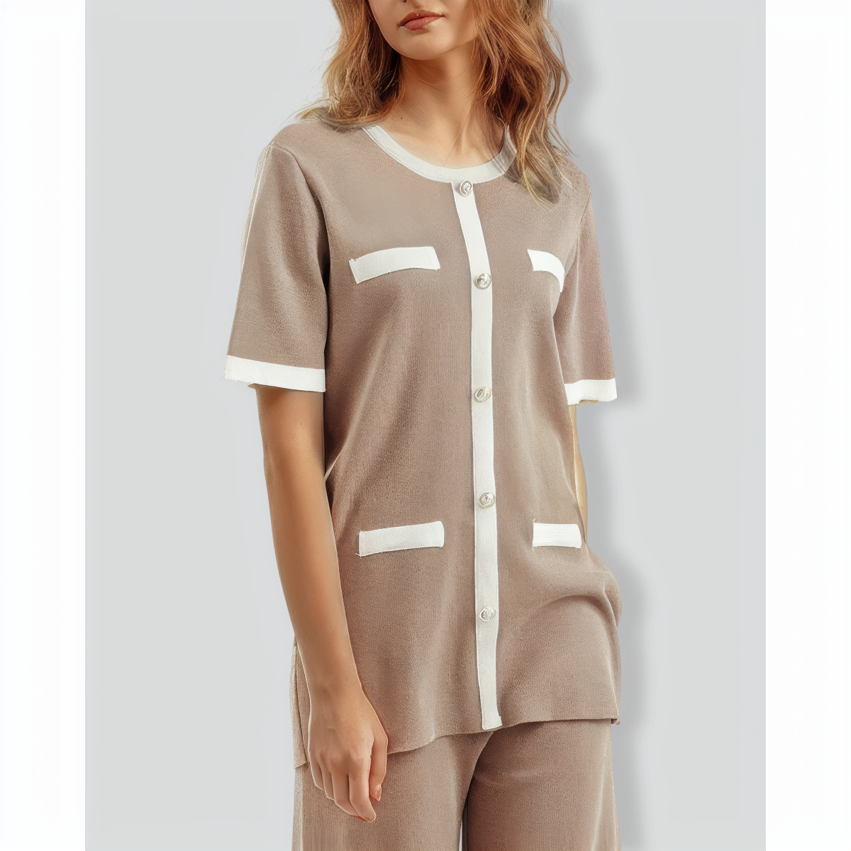 Contrast Color Short-Sleeved Top and Wide-Leg Pants Two-Piece Set