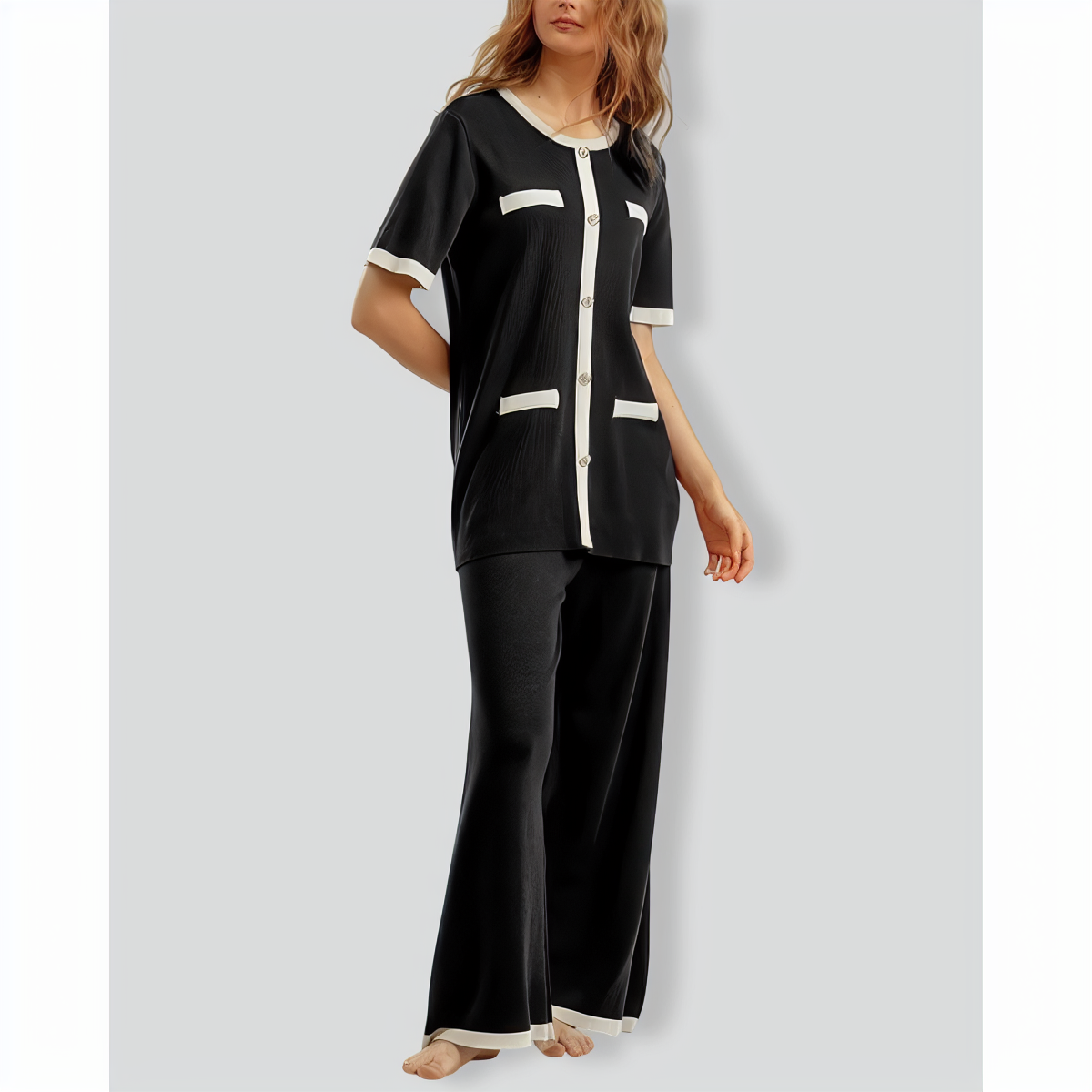 Contrast Color Short-Sleeved Top and Wide-Leg Pants Two-Piece Set