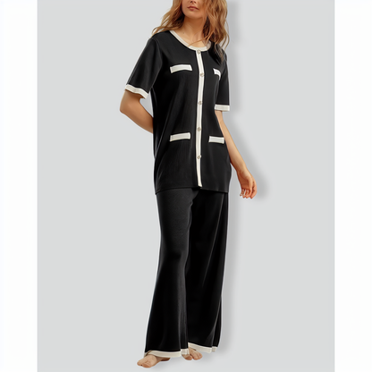 Contrast Color Short-Sleeved Top and Wide-Leg Pants Two-Piece Set