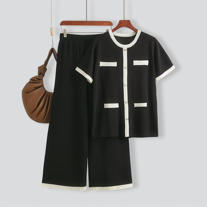 Contrast Color Short-Sleeved Top and Wide-Leg Pants Two-Piece Set