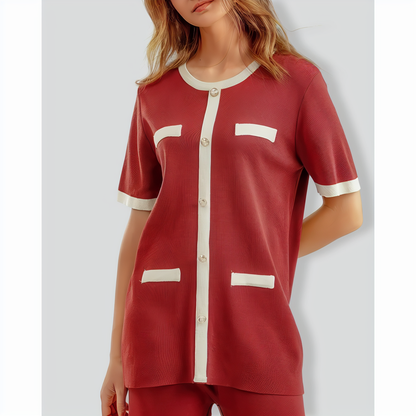 Contrast Color Short-Sleeved Top and Wide-Leg Pants Two-Piece Set