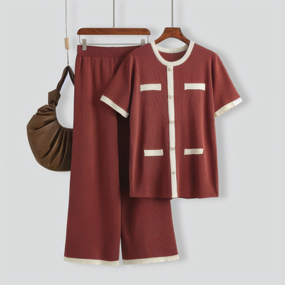 Contrast Color Short-Sleeved Top and Wide-Leg Pants Two-Piece Set