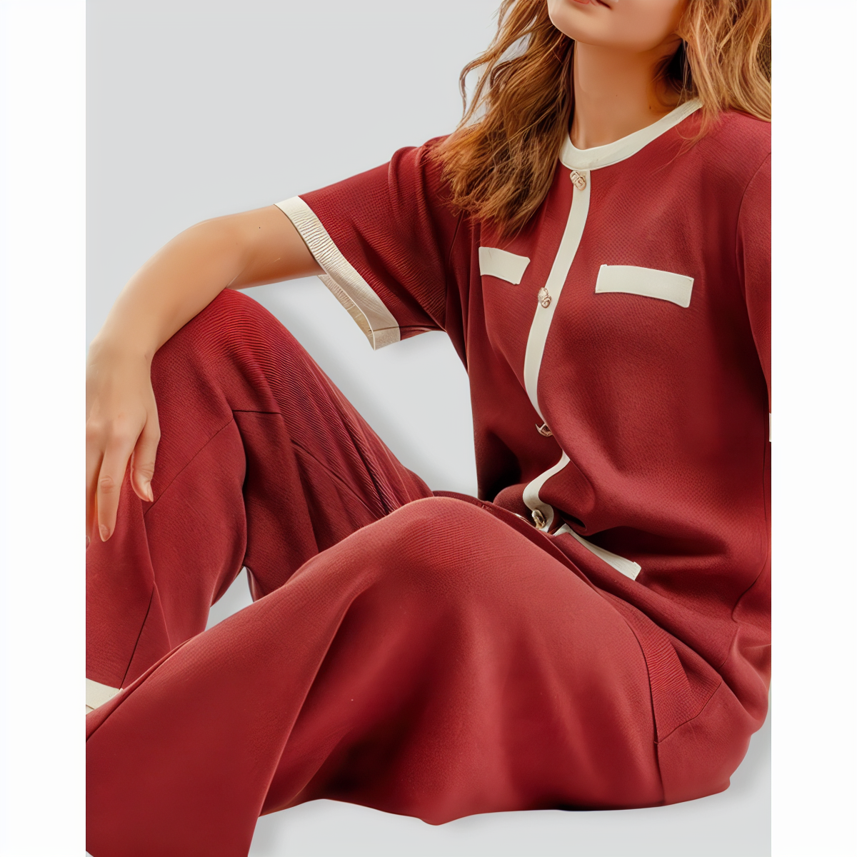 Contrast Color Short-Sleeved Top and Wide-Leg Pants Two-Piece Set