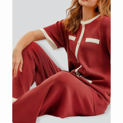 Contrast Color Short-Sleeved Top and Wide-Leg Pants Two-Piece Set