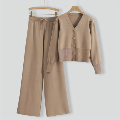 Retro knitted short jacket top wide leg pants two-piece set