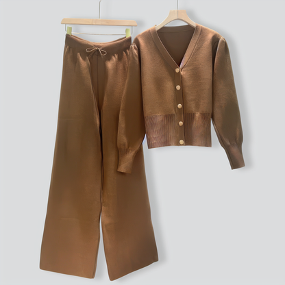 Retro knitted short jacket top wide leg pants two-piece set